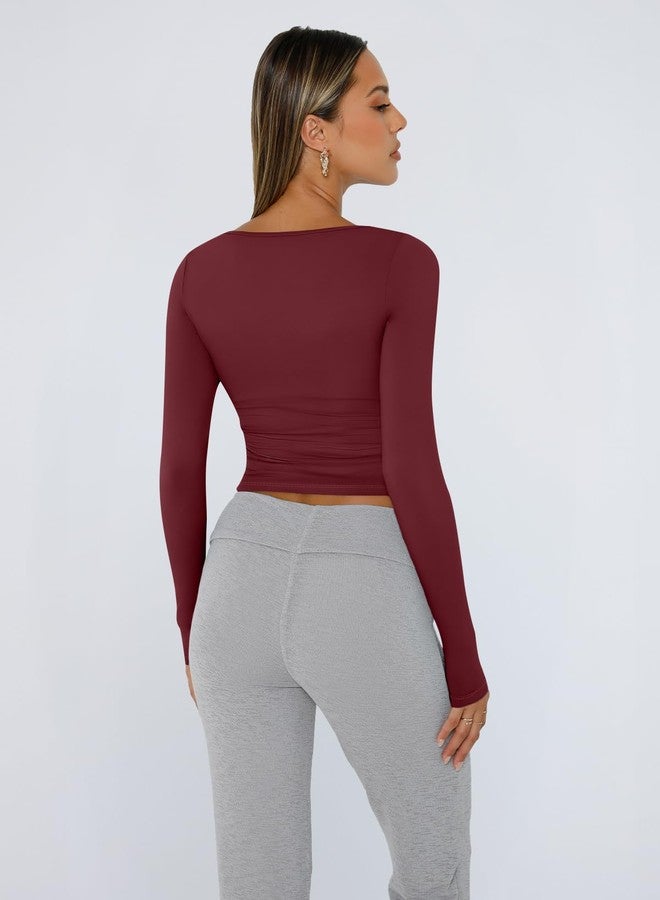 Trendy Queen Womens Long Sleeve Shirts Crop Scoop Neck Tops Fall Fashion Solid Going Out Basics Tees Y2k Clothes 2026 Burgundy S - Image 4